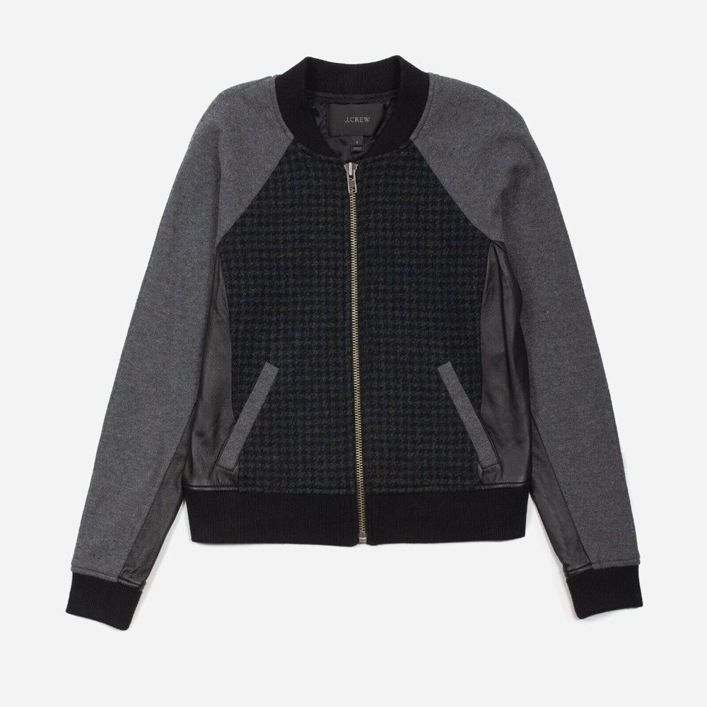 J Crew Women's Leather Wool Houndstooth Mixed Bomber Jacket Size 0